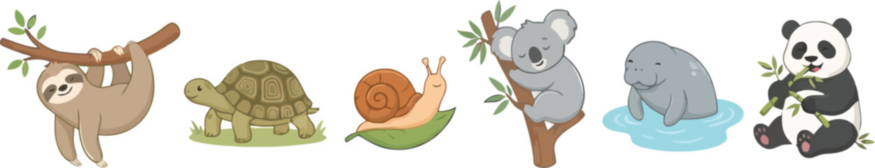 Fototapeta premium A collection of cute hand drawn cartoon animals including a sloth turtle snail koala elephant and panda.