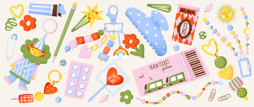 Pastel set of cute keychains with funny trinkets, pocket or bag stuff isolated on background. Vector cartoon illustration of cute charms, trendy key ring accessories with toys, girly pendant souvenirs