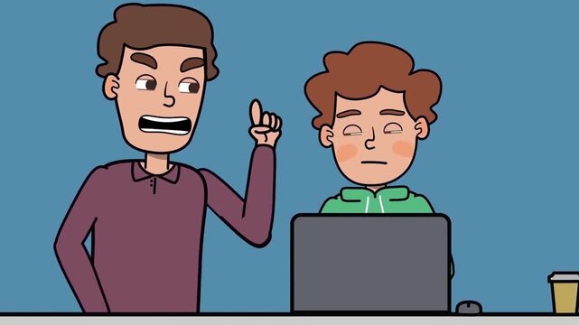 Excited programmer looking at laptop screen while colleague provides professional guidance in this animated 2D digital motion graphic video clip