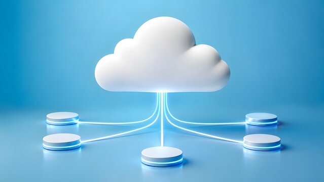 3D white cloud connected to multiple platforms with glowing blue lines representing cloud computing network and decentralized data distribution
