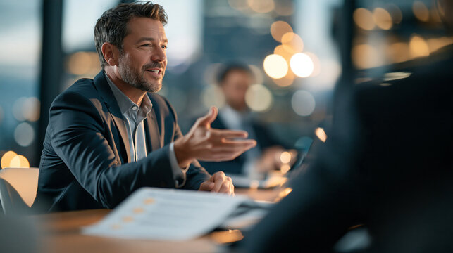 Low-angle commercial photography from behind a seated executive officer looking toward the CFO at the head of a warm conference table. A large printed checklist document lies promi