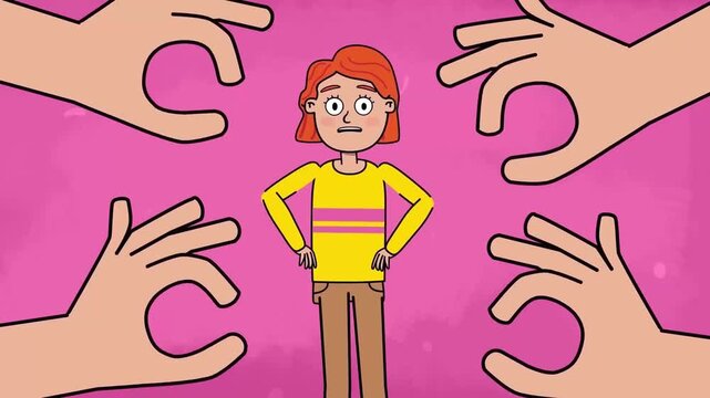 Stressed young woman feeling overwhelmed by giant hands in this animated cartoon video footage featuring a vibrant pink background setting