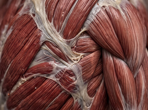 Close-up macro view of human muscle tissue and fascia, showing highly detailed striated red muscle fibers interwoven with white connective tissue and tendons for anatomical or medical study.