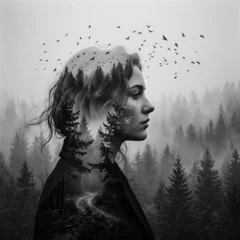 Double exposure portrait of a woman blending into a foggy pine forest with flying birds © Prama