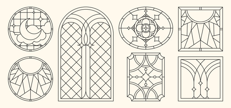 Gothic church window with ornate arch frame and decorative floral pattern. Vector medieval shape silhouettes, cathedral stained glass design with classic architectural elements, vintage catholic style