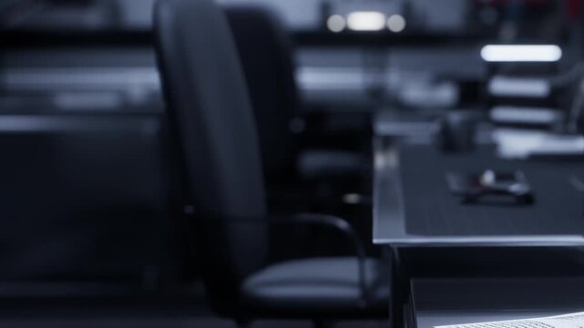 In an office at night, there are empty black chairs and a clean desk with a computer and other office items. The space shows a feeling of stillness and quiet.