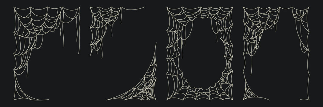 Halloween frames with spooky spider web on black background, sketch vector borders for festive posts. Scary cobweb patterns, gothic elements for haunting atmosphere designs