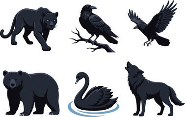 Obraz premium Collection of six black animals including panther raven bear swan and wolf.