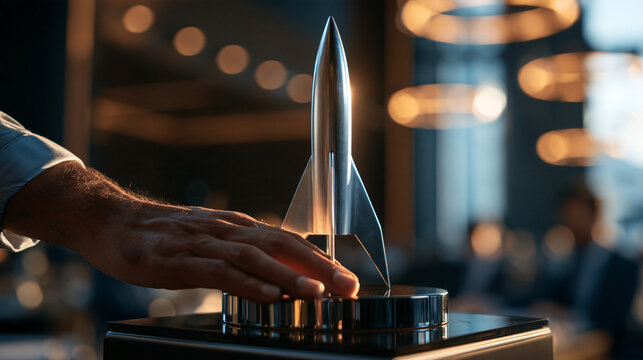 Photorealistic close-up corporate scene, a well-groomed hand with rolled shirt cuff gently resting on the base of a sleek silver rocket model displayed on a glossy black podium, so