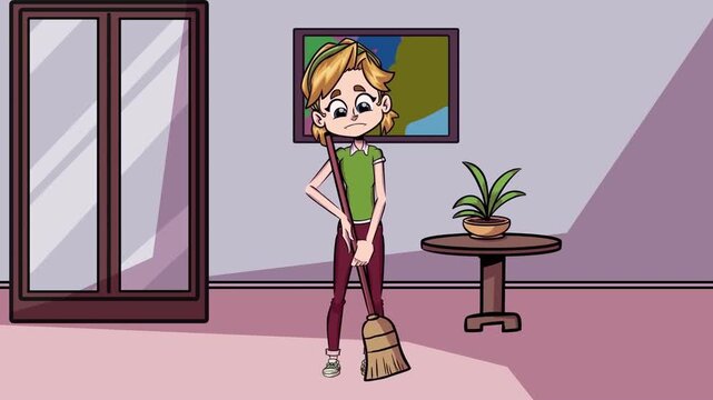 Sad young girl cartoon animation sweeping floor with broom inside room featuring colorful hand drawn style for video motion projects