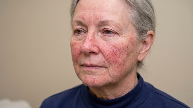 Senior woman face close-up showing rosacea redness and visible broken capillaries