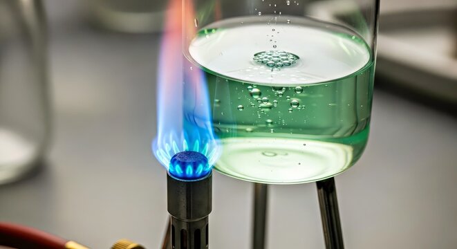 Close up of a blue flame from a Bunsen burner heating a green colored liquid in a transparent beaker, ideal for science education or laboratory product imagery.