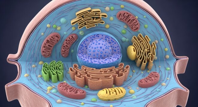 A detailed model of a cell s interior, showcasing various organelles and structures, used as a visual aid in biology and science education.