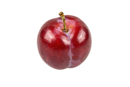A single fresh red plum fruit with a small green stem attached, viewed from a top-down angle isolated on a transparent background