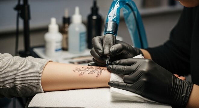 Tattoo artist's gloved hands skillfully apply delicate botanical design onto skin with a specialized machine