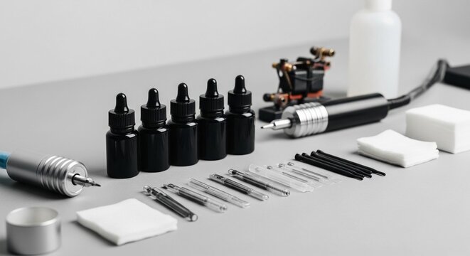 Tattoo artist's essential equipment and supplies arranged for professional studio work