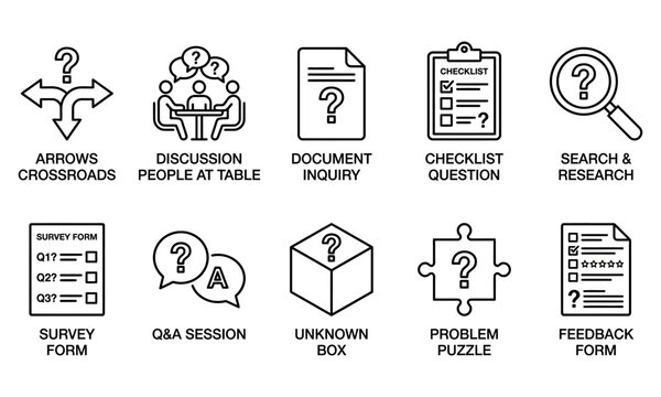 Question and decision making line icon set vector asset for problem solving strategy business analysis survey form research workflow inquiry evaluation and management consulting presentation