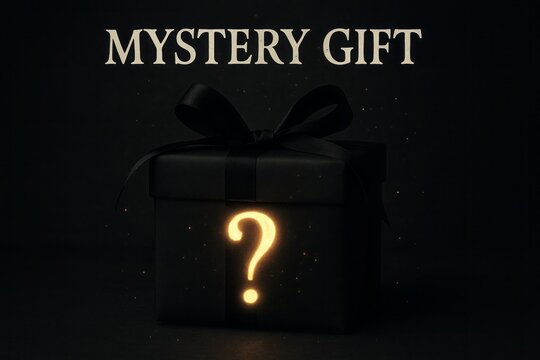 Black mystery gift box with glowing question mark and ribbon bow on dark background surprise magic inspiration festive background