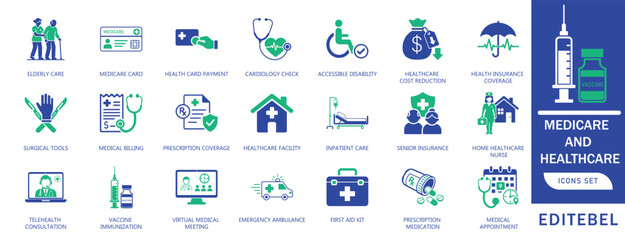 Fototapeta premium Medicare and Healthcare Solid Icons Set, for Medical, Health Insurance, Hospital, Doctor, Patient Care, Treatment, Diagnosis, Emergency & Clinical Support stethoscope, ambulance, pharmacy, nurse