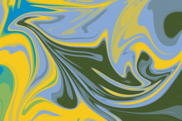 Fototapeta premium Blue Yellow and Olive Green Fluid Marbling Abstract Background