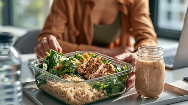 Photorealistic realistic workplace wellness scene, a young professional woman at her desk pausing mid-task to enjoy a packed lunch box with grilled chicken, quinoa, and fresh veget