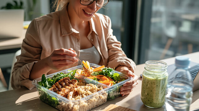 Photorealistic realistic workplace wellness scene, a young professional woman at her desk pausing mid-task to enjoy a packed lunch box with grilled chicken, quinoa, and fresh veget
