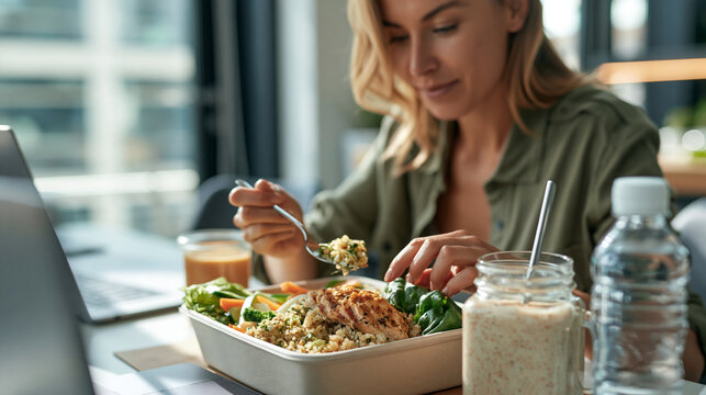 Photorealistic realistic workplace wellness scene, a young professional woman at her desk pausing mid-task to enjoy a packed lunch box with grilled chicken, quinoa, and fresh veget