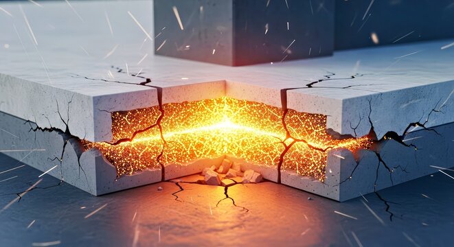 A dramatic display of cracked concrete blocks emitting bright orange and yellow light, ideal for visualizing energy release or structural failure in educational or engineering contexts.