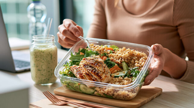 Photorealistic realistic workplace wellness scene, a young professional woman at her desk pausing mid-task to enjoy a packed lunch box with grilled chicken, quinoa, and fresh veget