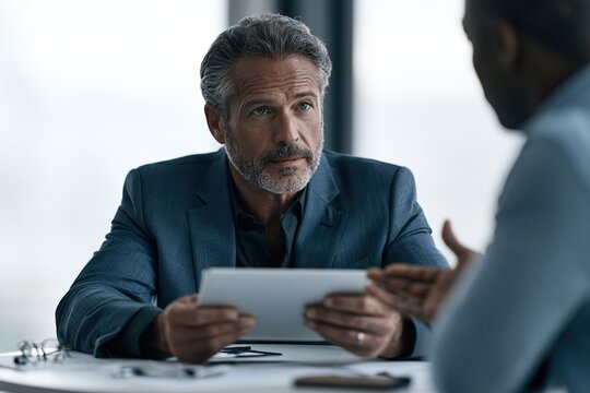 A senior executive holds a tablet and listens attentively while a colleague gestures during a formal office meeting.