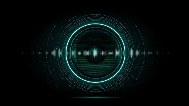 A glowing cyan audio speaker vibrates with a digital sound wave against a dark background. Perfect for music technology and high-fidelity sound concepts.