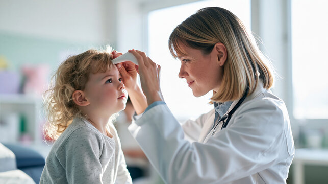 Photorealistic gentle healthcare scene, exactly two people, a young child sitting on an examination table while a caring female pediatrician in a soft white coat gently checks thei