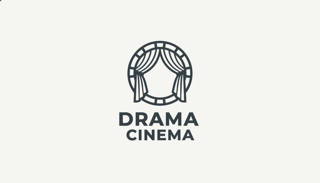 Drama cinema logo design featuring elegant stage curtains framed within a circle in a dark teal color scheme.