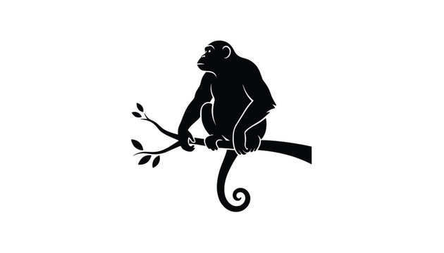 Silhouette of a chimpanzee monkey perched calmly on a tree branch with leaves against a white background.