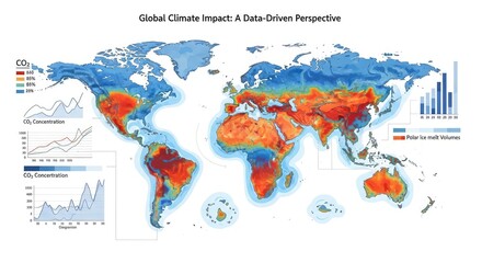 Naklejka premium A detailed world map visualizing climate change through carbon dioxide concentration gradients and polar ice melt patterns for analytical purposes.