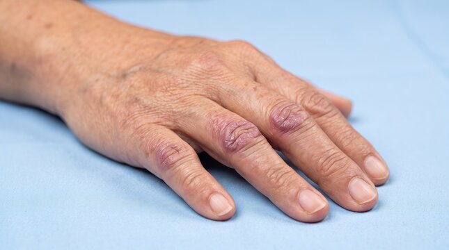 Top-Down Close-Up of Senior Hand showing Gottron Papules on Knuckles