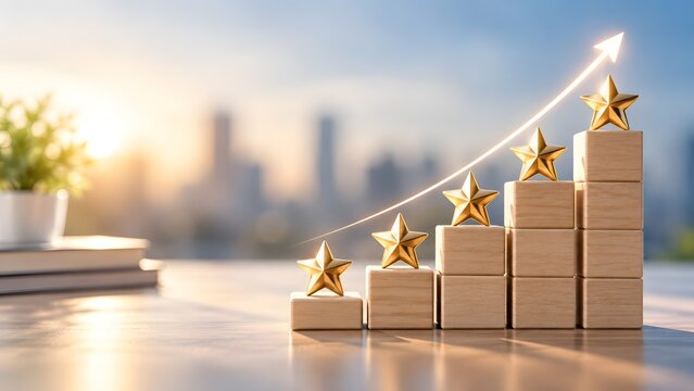 Wooden block stairs with gold stars and glowing upward arrow representing outstanding business performance excellent quality rating and corporate growth success