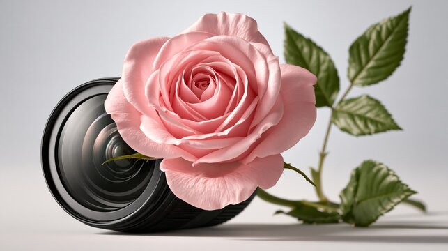 Rose growing from camera lens on white background