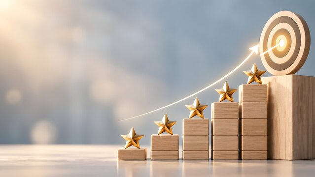 Wooden block stairs with gold stars and upward arrow hitting a target representing business goal achievement growth and quality success