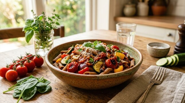 Wholesome Pasta Dish: A vibrant and healthy bowl of whole wheat pasta with fresh vegetables and tomatoes, served on a rustic wooden table, ready to be enjoyed for a delicious meal.