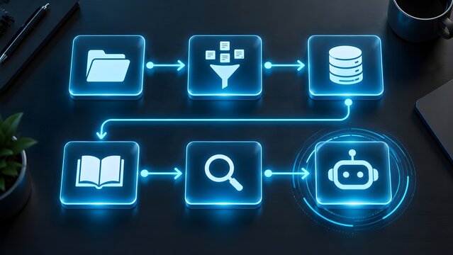 Glowing blue digital workflow diagram on dark desk representing automated data processing machine learning pipeline and robotic document analysis