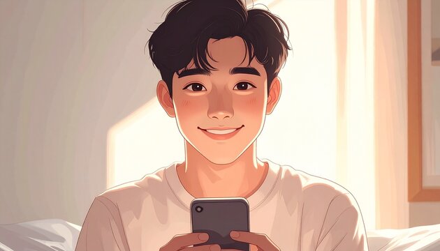 Young man having a quiet giggle moment while looking at his smartphone screen