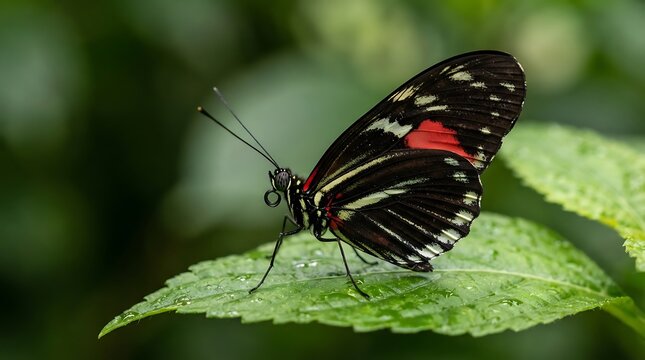 Heliconius butterfly resting on a green leaf in a natural tropical garden setting