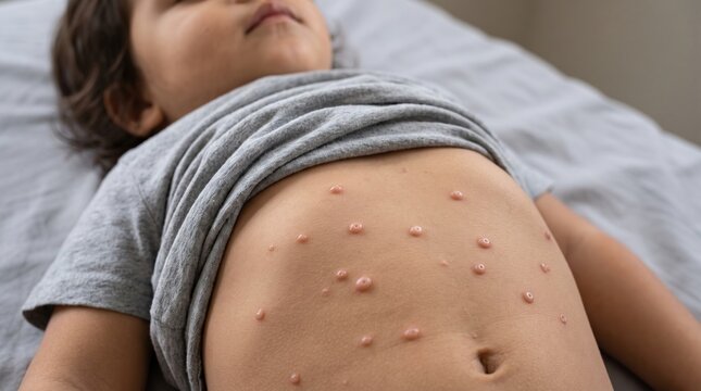 High Angle Shot of Young Child lying down with Molluscum Contagiosum Lesions on Abdomen