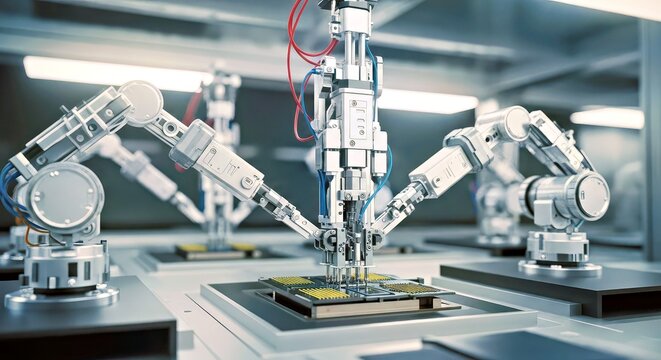 A close up view of robotic arms meticulously assembling electronic components, highlighting the precision and automation in modern manufacturing processes.