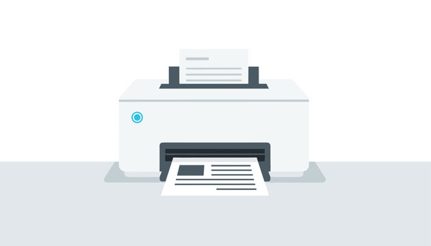 Modern flat vector illustration of an office printer printing a document paper with a bar graph on a desk.