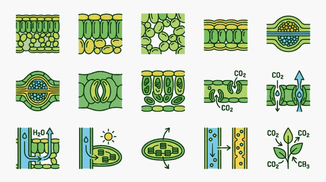 Diagram set of plant leaf anatomy and photosynthesis processes including cell layers, stomata gas exchange, chloroplast function, water transport, and vascular structures.