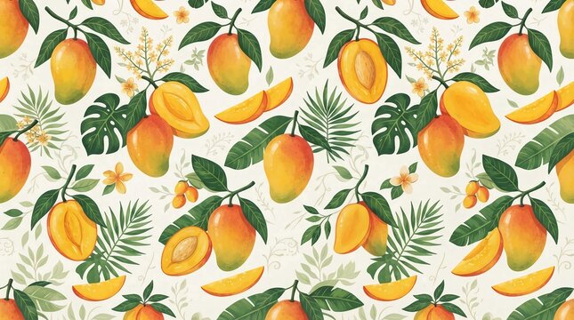 Seamless pattern of fresh ripe mangoes with green tropical leaves and flowers on a light background