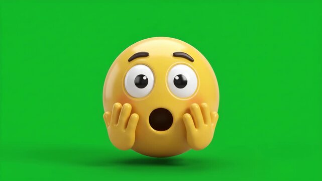 Shocked 3D emoji with wide eyes and open mouth on a vibrant green screen background, expressing surprise or fear.