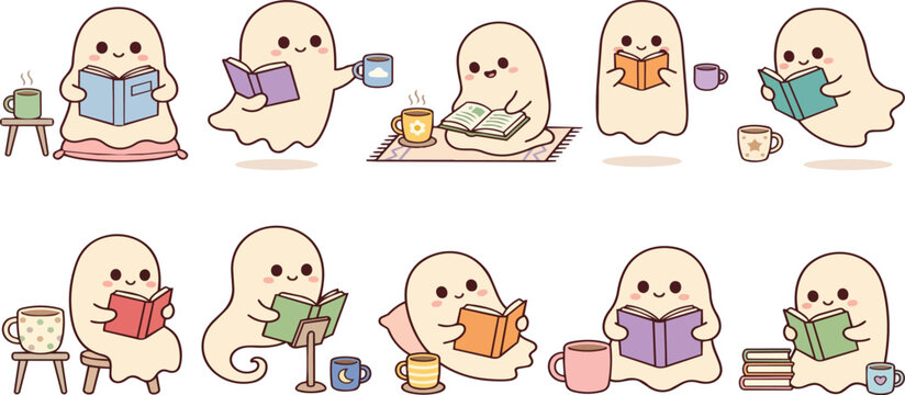 Set of cute cartoon ghosts reading books and drinking coffee or tea in a cozy library setting